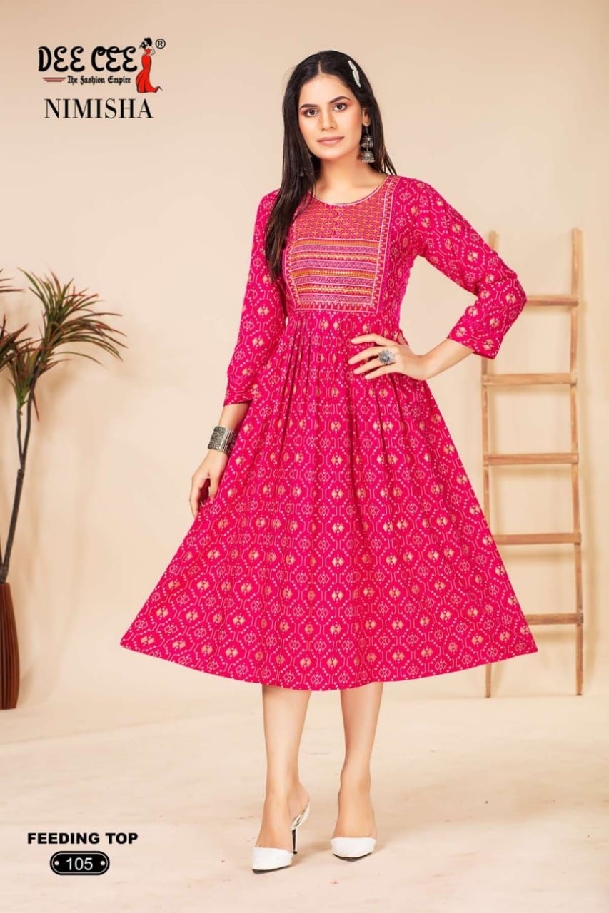 Nimisha By Deecee Rayon Printed Long Flaired Feeding Kurti Wholesale Shop In Surat
